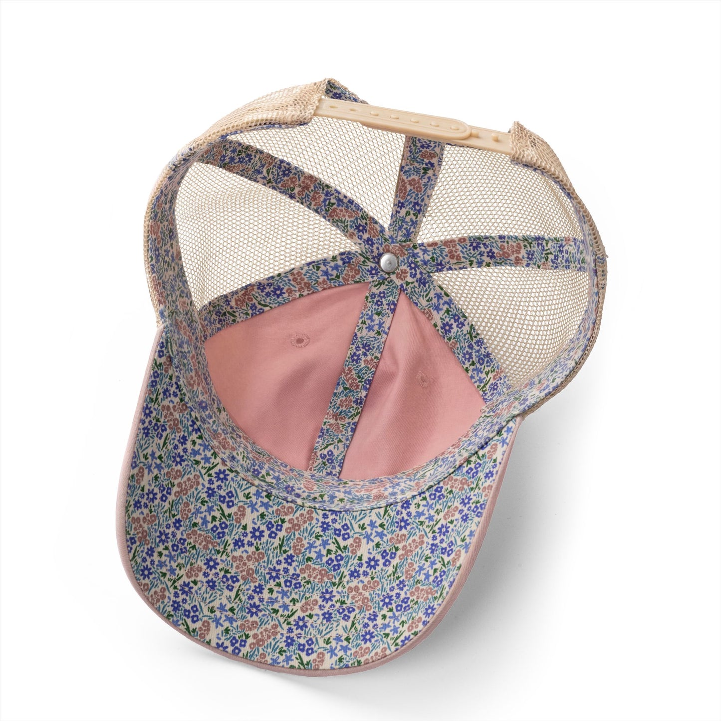 Running Mom Cap in Dusty Pink/Floral, underbrim detail — floral print lining close-up