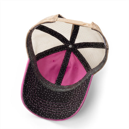 Running Mom Cap in Rose/Polka Dots, underbrim detail — polka dot print lining close-up