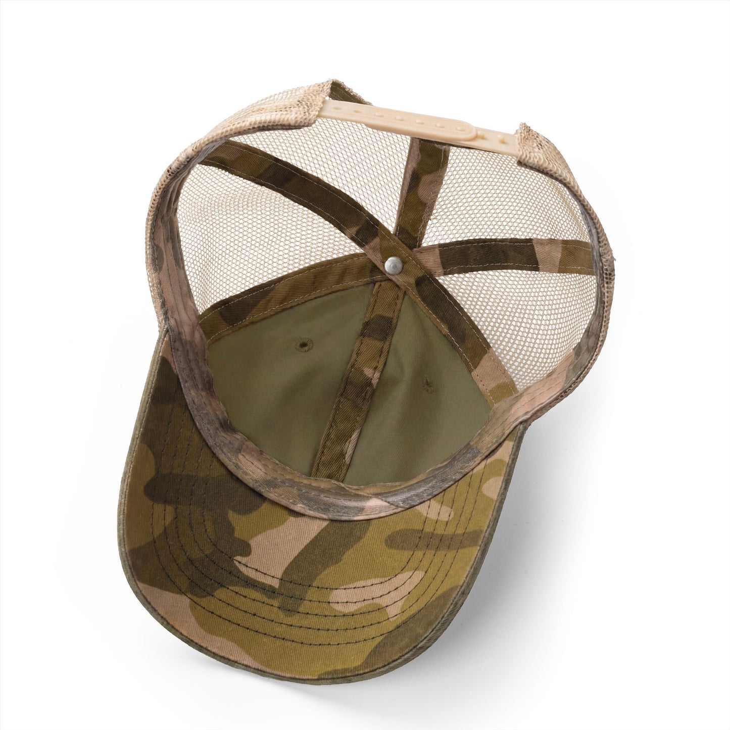 Running Mom Cap in Olive/Camo, underbrim detail — camo print lining close-up