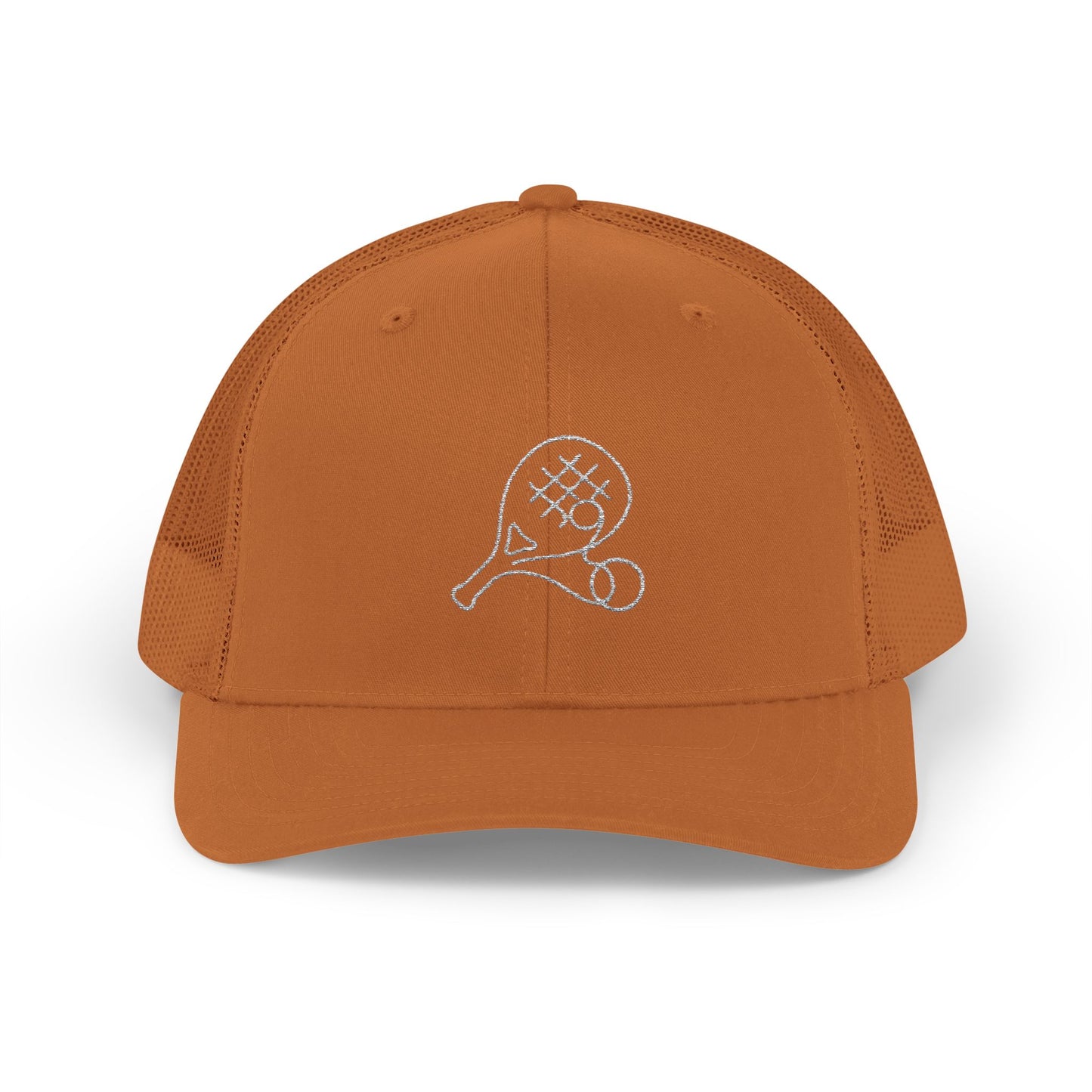 Embroidered Padel Icon Trucker Cap by MotionCell, structured mesh-back snapback