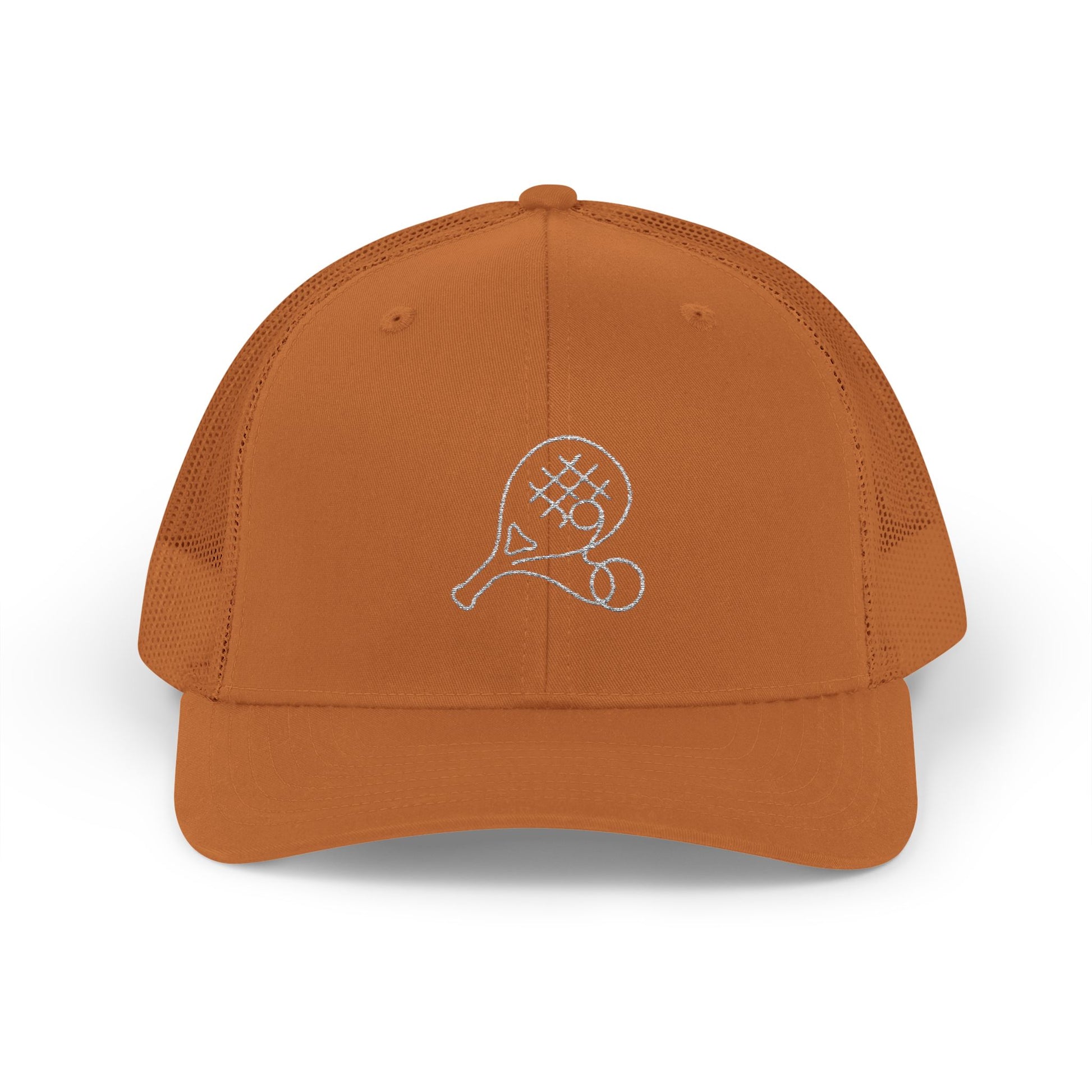 Embroidered Padel Icon Trucker Cap by MotionCell, structured mesh-back snapback