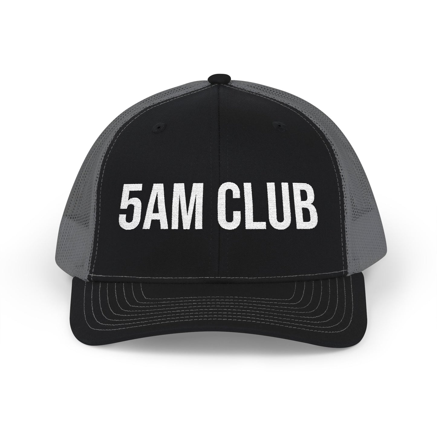 5AM Club embroidered front panel detail - flat thread trucker cap close-up