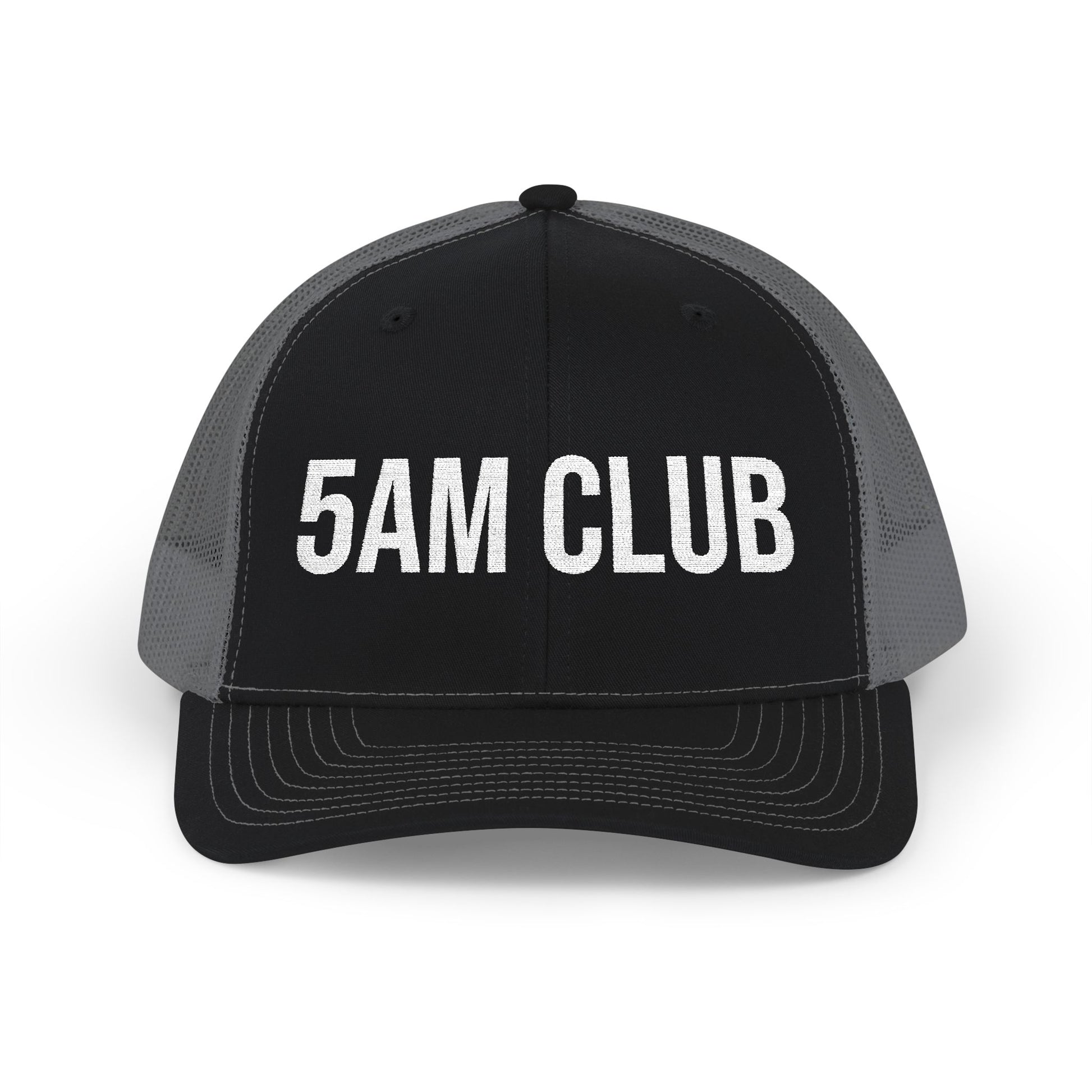 5AM Club embroidered front panel detail - flat thread trucker cap close-up
