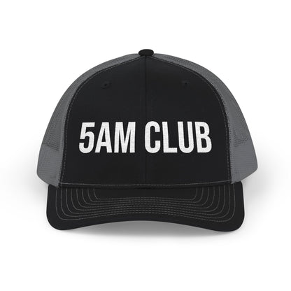 5AM Club embroidered front panel detail - flat thread trucker cap close-up