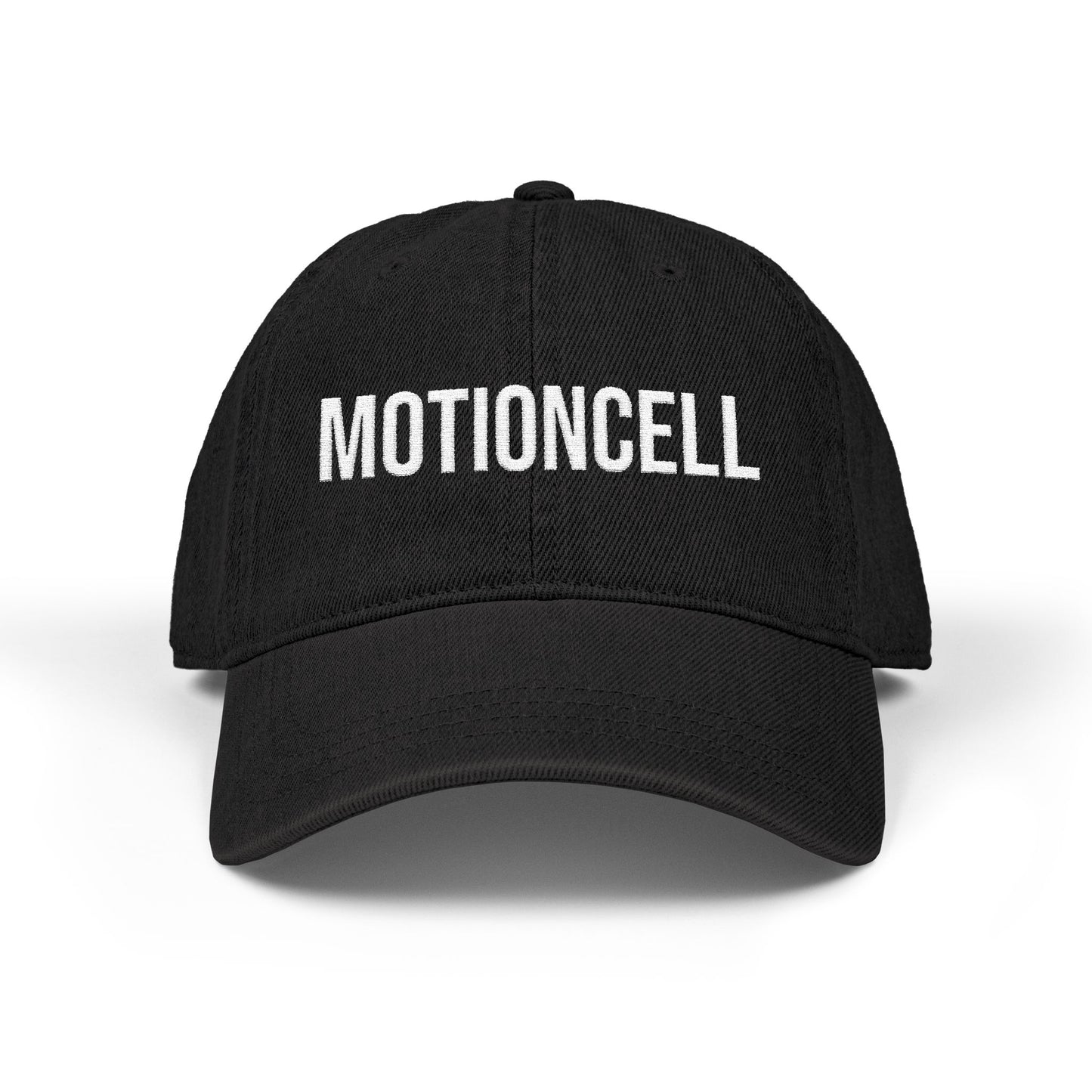 MotionCell embroidered denim dad cap, black, front view
