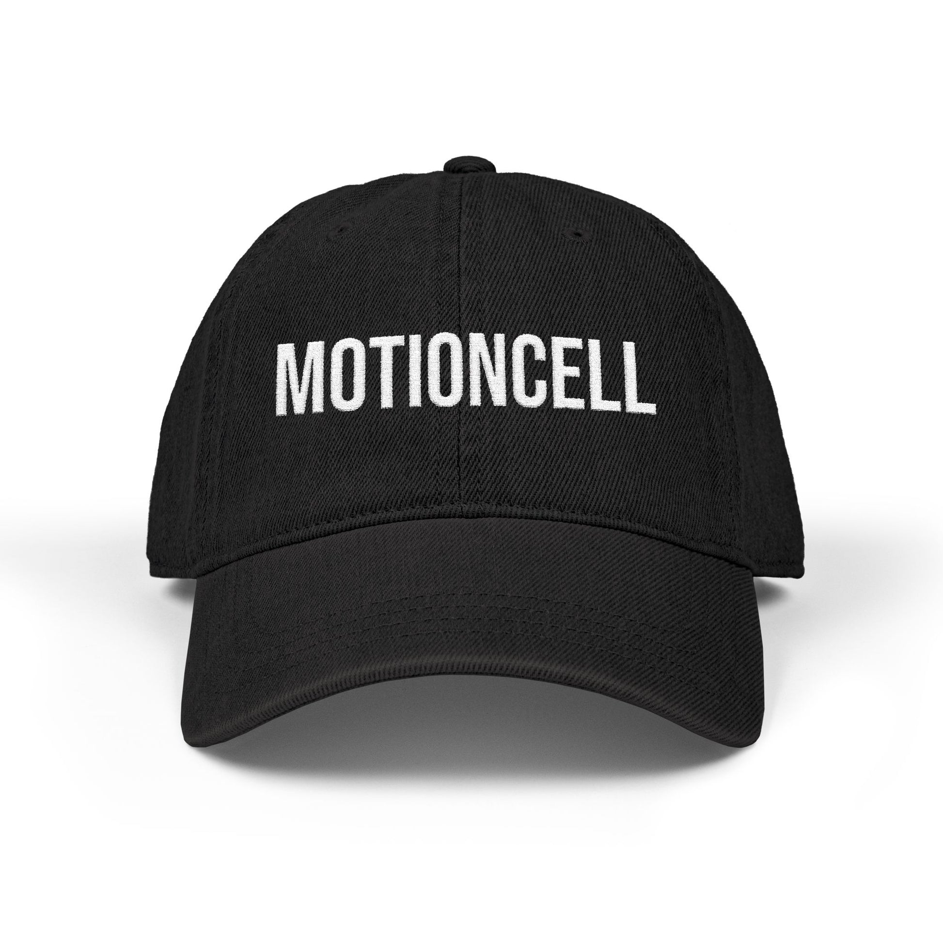 MotionCell embroidered denim dad cap, black, front view