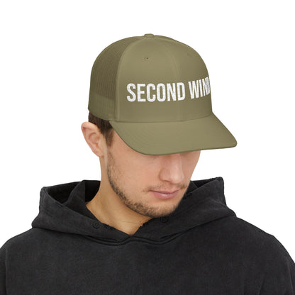 Second Wind Trucker Cap in Loden worn by model — embroidered mesh-back snapback hat