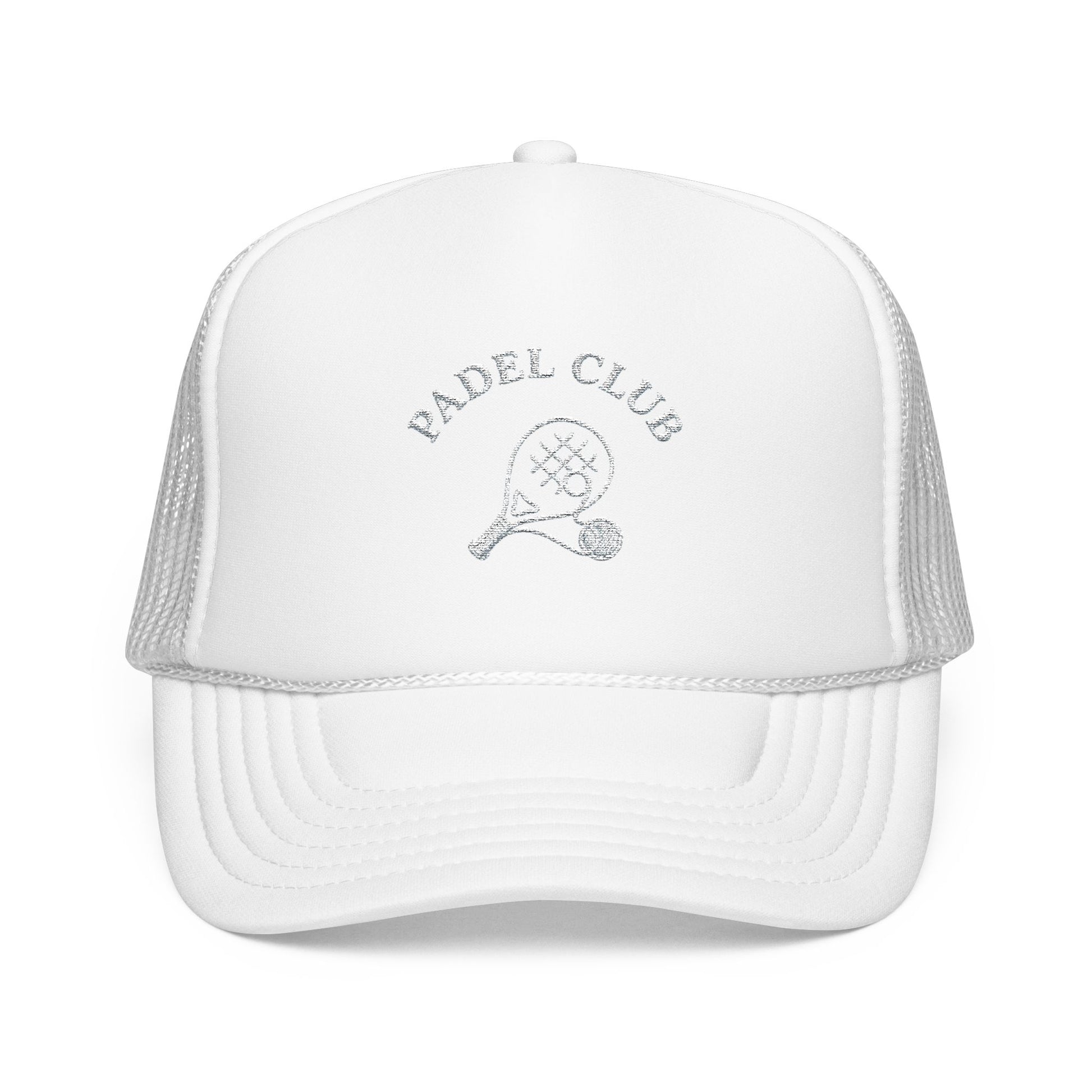 Padel Club Hat in White, front view — embroidered padel racket trucker cap