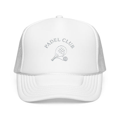 Padel Club Hat in White, front view — embroidered padel racket trucker cap