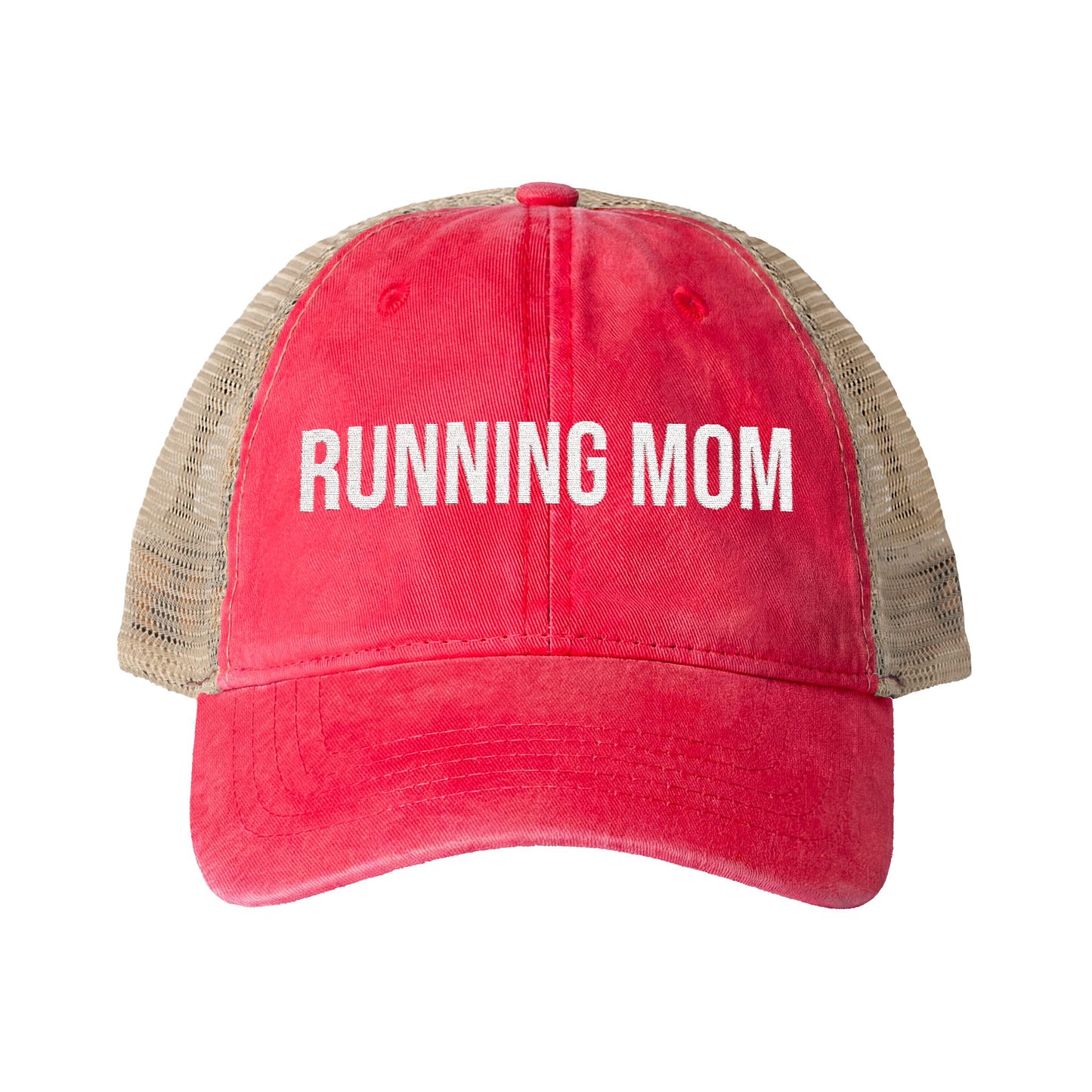 Running Mom Cap in Red, front view — washed mesh-back trucker cap for runners